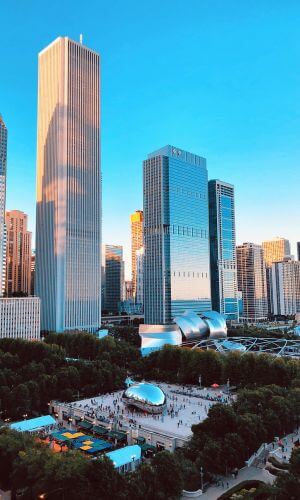 Chicago skyline view from Millennium Park, a popular spot for a winter proposal.