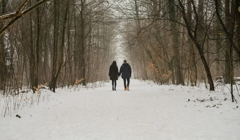 Couple holding hands and walking through a snowy Chicago park, capturing a romantic winter engagement moment.