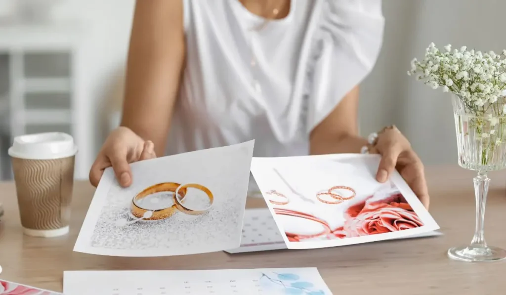 A bride reviewing luxurious wedding plans, showcasing gold rings and elegant designs for a perfect luxury wedding.