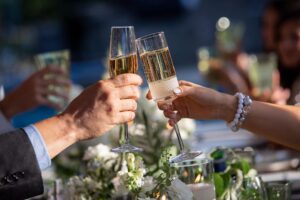 Guests enjoying champagne at an Outdoor Micro Wedding at a Private Residence, capturing the warm and celebratory atmosphere.