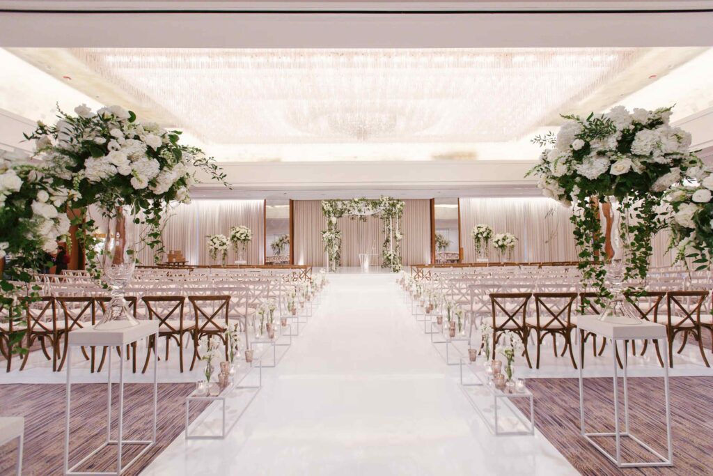 Simple white wedding ceremony at the Ritz Carlton ballroom in Chicago