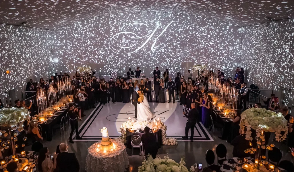 Immersive projection mapping display at The Temple House, showcasing a cutting-edge visual experience for luxury weddings in 2026