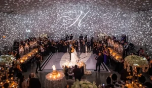 Immersive projection mapping display at The Temple House, showcasing a cutting-edge visual experience for luxury weddings in 2026