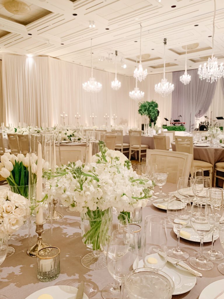 luxury wedding tablescape with white flowers at chicago hotel wedding venue