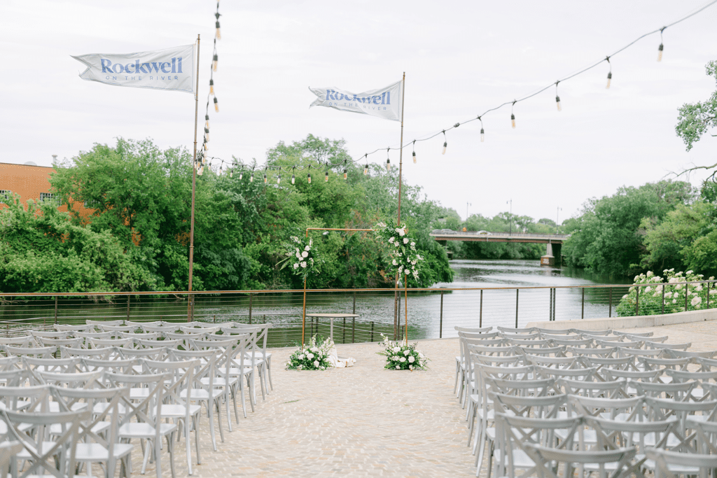 riverfront ceremony setup for wedding at rockwell on the river