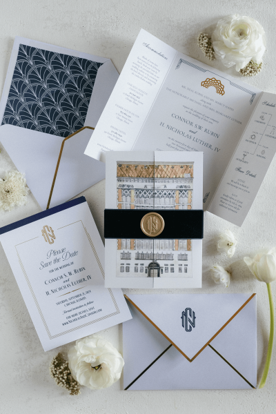 Elegant invitation suite designed for a Chicago wedding with modern typography.