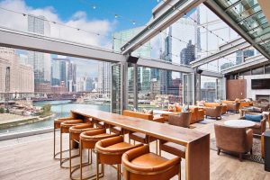 Modern rooftop lounge with panoramic Chicago views, ideal for weddings, receptions, and executive events.